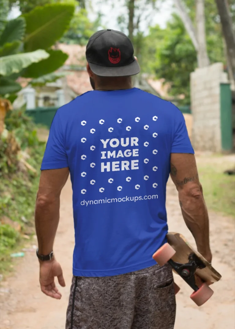 Man Wearing Dark Blue T-shirt Mockup Back View Template