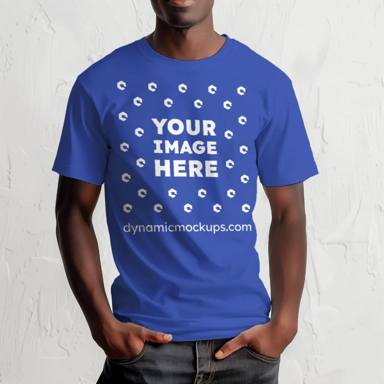 Man Wearing Dark Blue T-shirt Mockup Front View Template