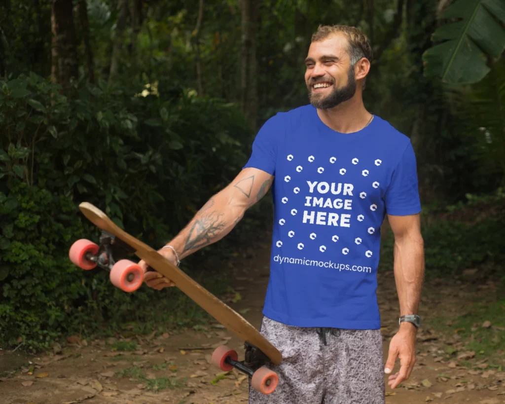 Man Wearing Dark Blue T-shirt Mockup Front View Template