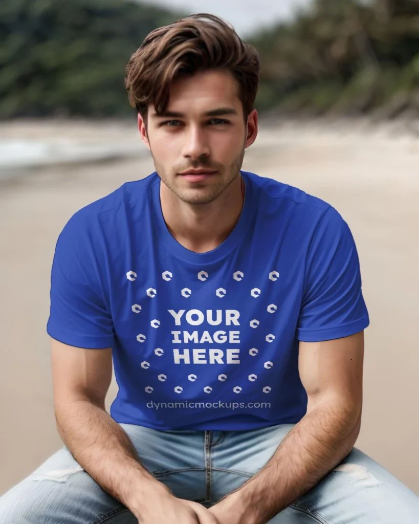 Man Wearing Dark Blue T-shirt Mockup Front View Template