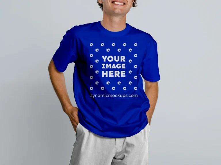 Man Wearing Dark Blue T-shirt Mockup Front View Template