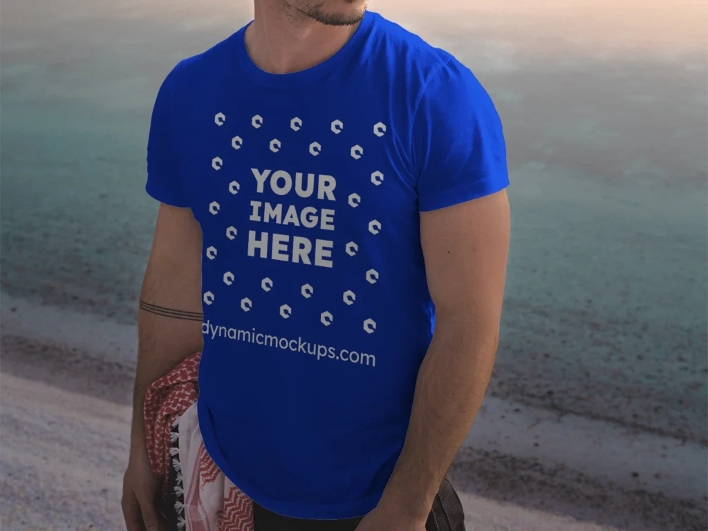 Man Wearing Dark Blue T-shirt Mockup Front View Template