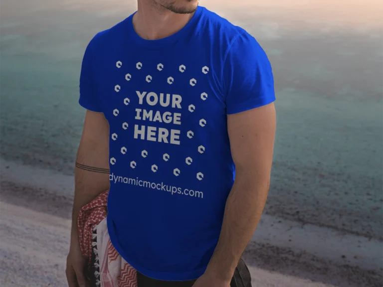 Man Wearing Dark Blue T-shirt Mockup Front View Template