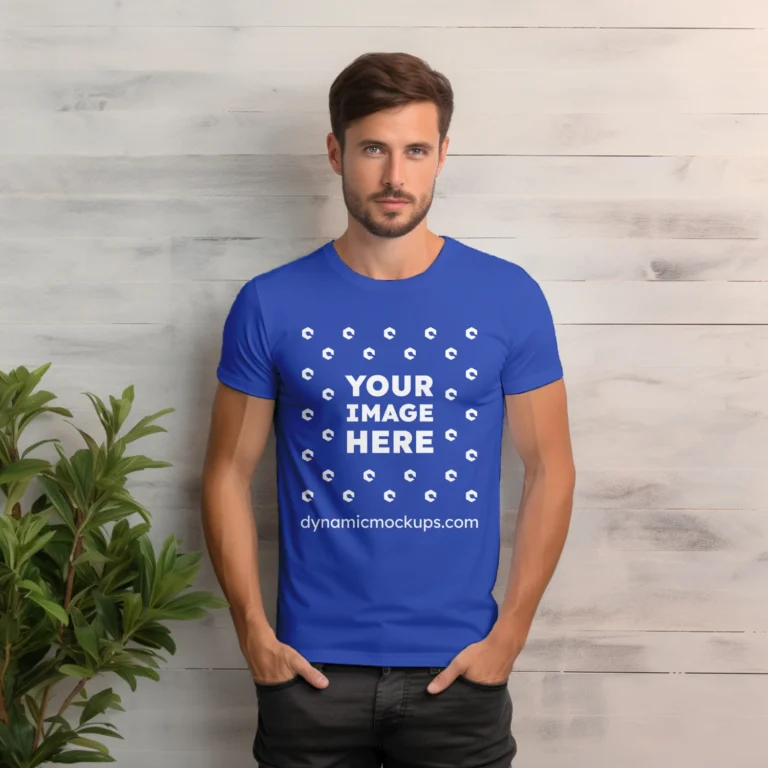 Man Wearing Dark Blue T-shirt Mockup Front View Template