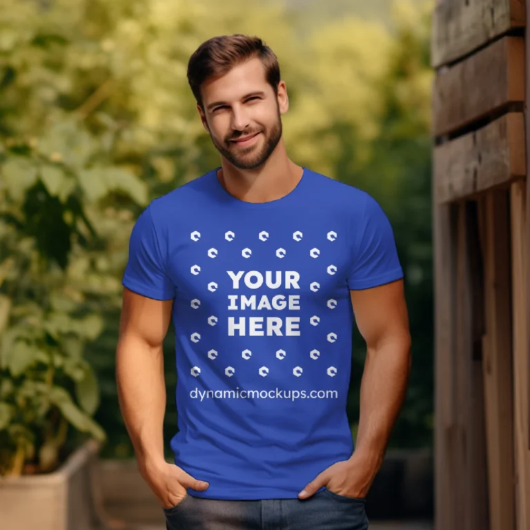 Man Wearing Dark Blue T-shirt Mockup Front View Template