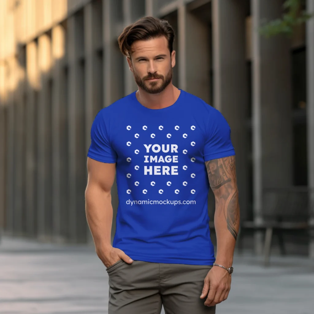 Man Wearing Dark Blue T-shirt Mockup Front View Template