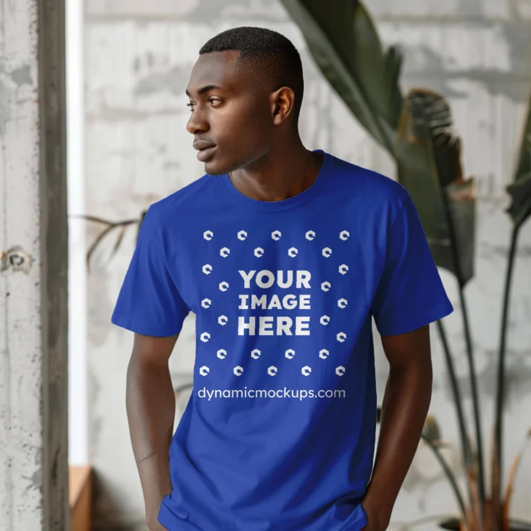 Man Wearing Dark Blue T-shirt Mockup Front View Template