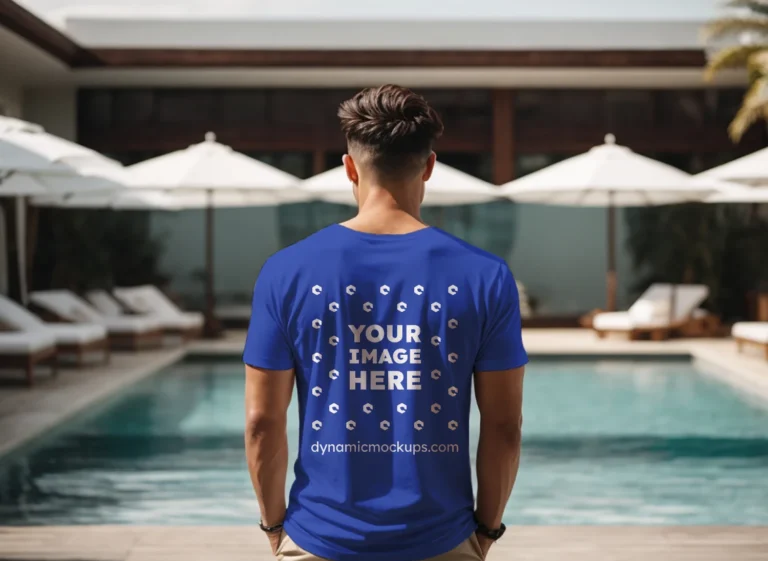 Man Wearing Dark Blue T-shirt Mockup Back View Template