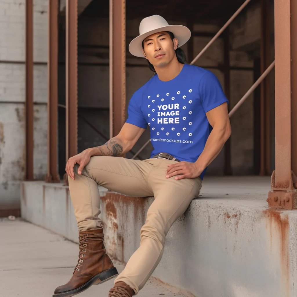 Man Wearing Dark Blue T-shirt Mockup Front View Template