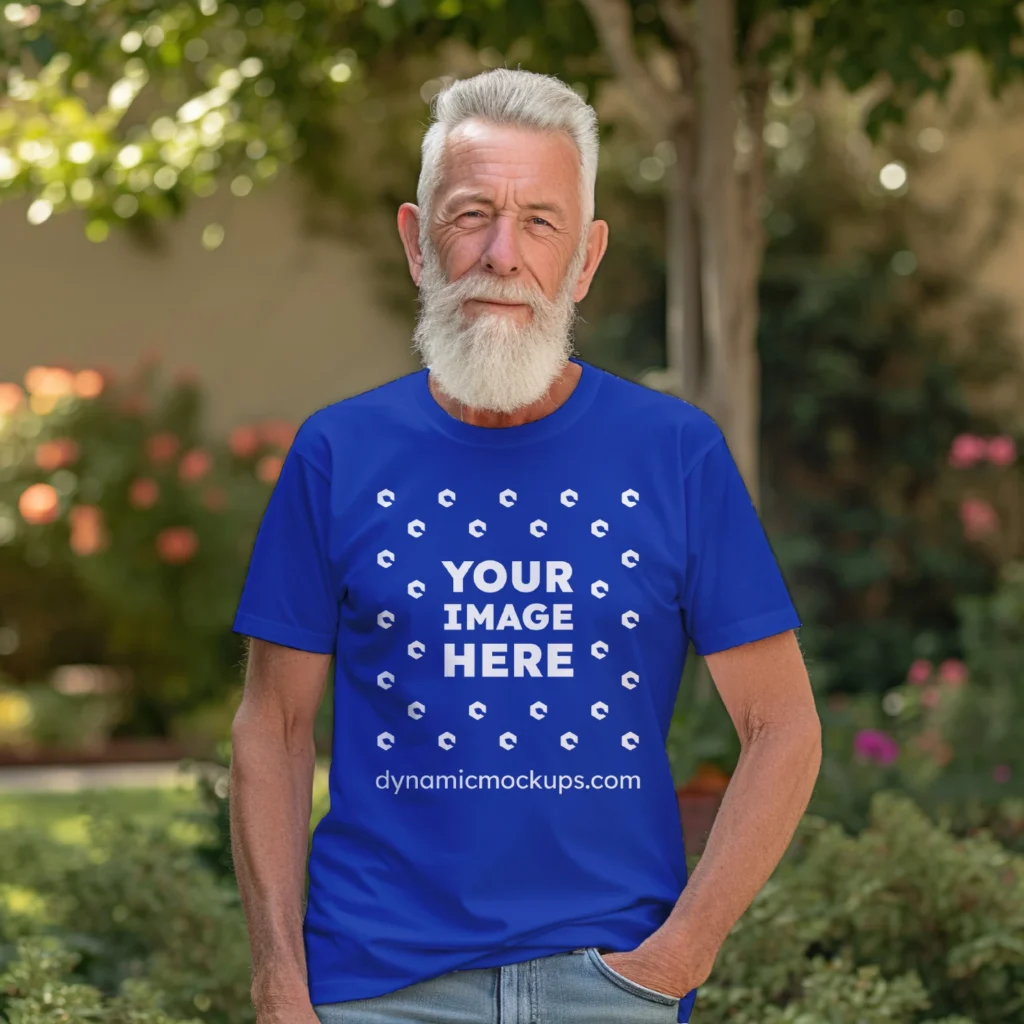 Man Wearing Dark Blue T-shirt Mockup Front View Template