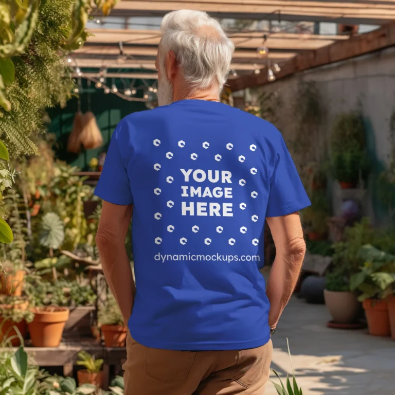 Man Wearing Dark Blue T-shirt Mockup Back View Template