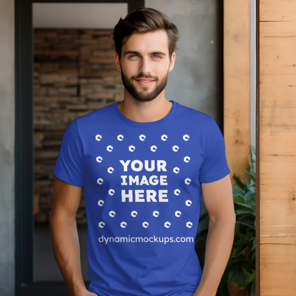 Man Wearing Dark Blue T-shirt Mockup Front View Template