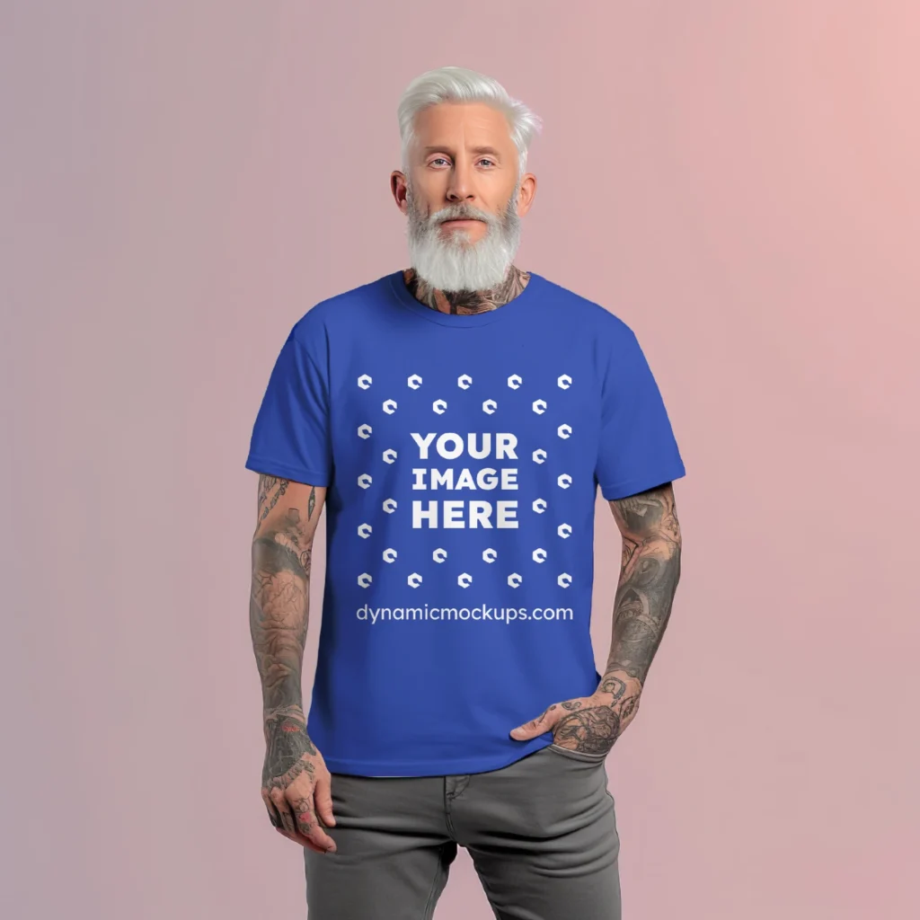 Man Wearing Dark Blue T-shirt Mockup Front View Template