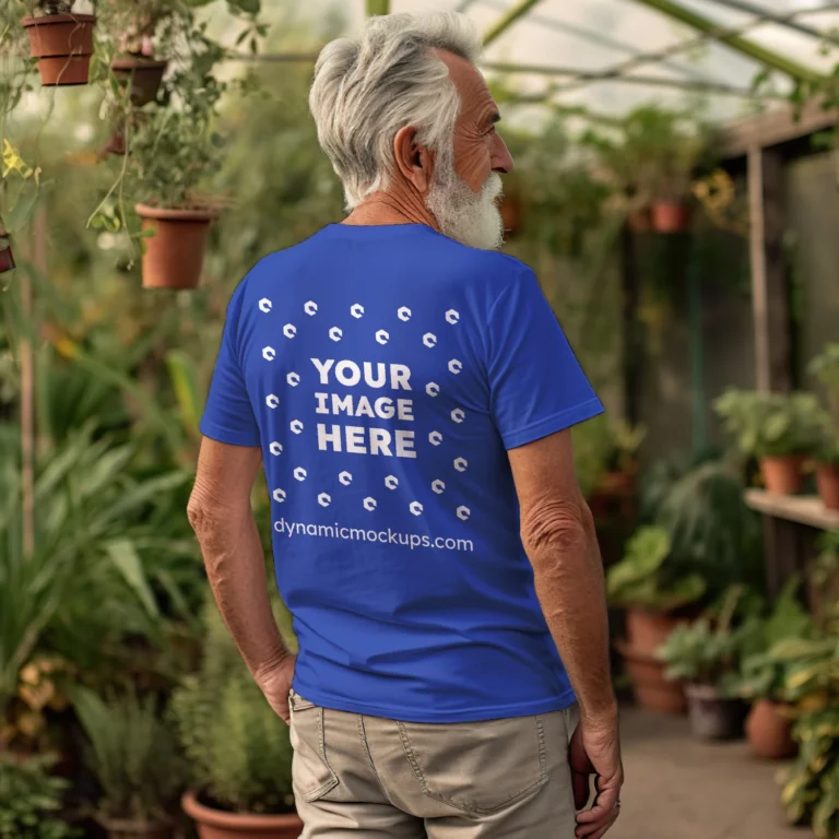 Man Wearing Dark Blue T-shirt Mockup Back View Template