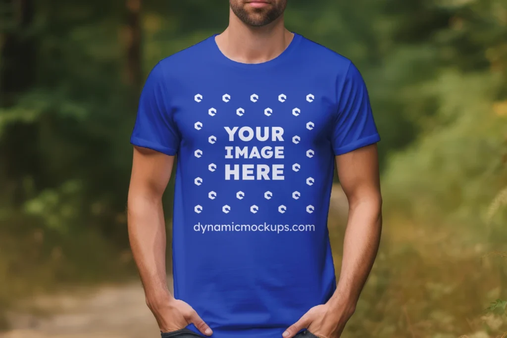 Man Wearing Dark Blue T-shirt Mockup Front View Template