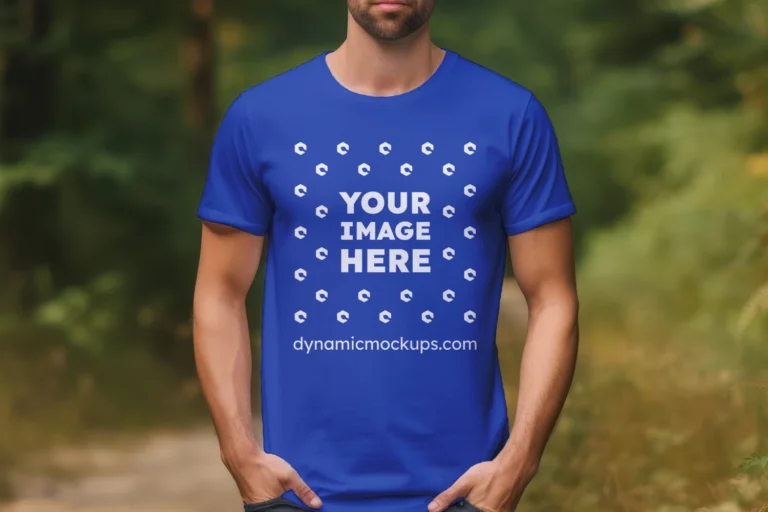 Man Wearing Dark Blue T-shirt Mockup Front View Template