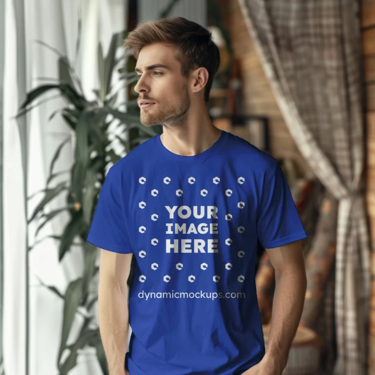 Man Wearing Dark Blue T-shirt Mockup Front View Template