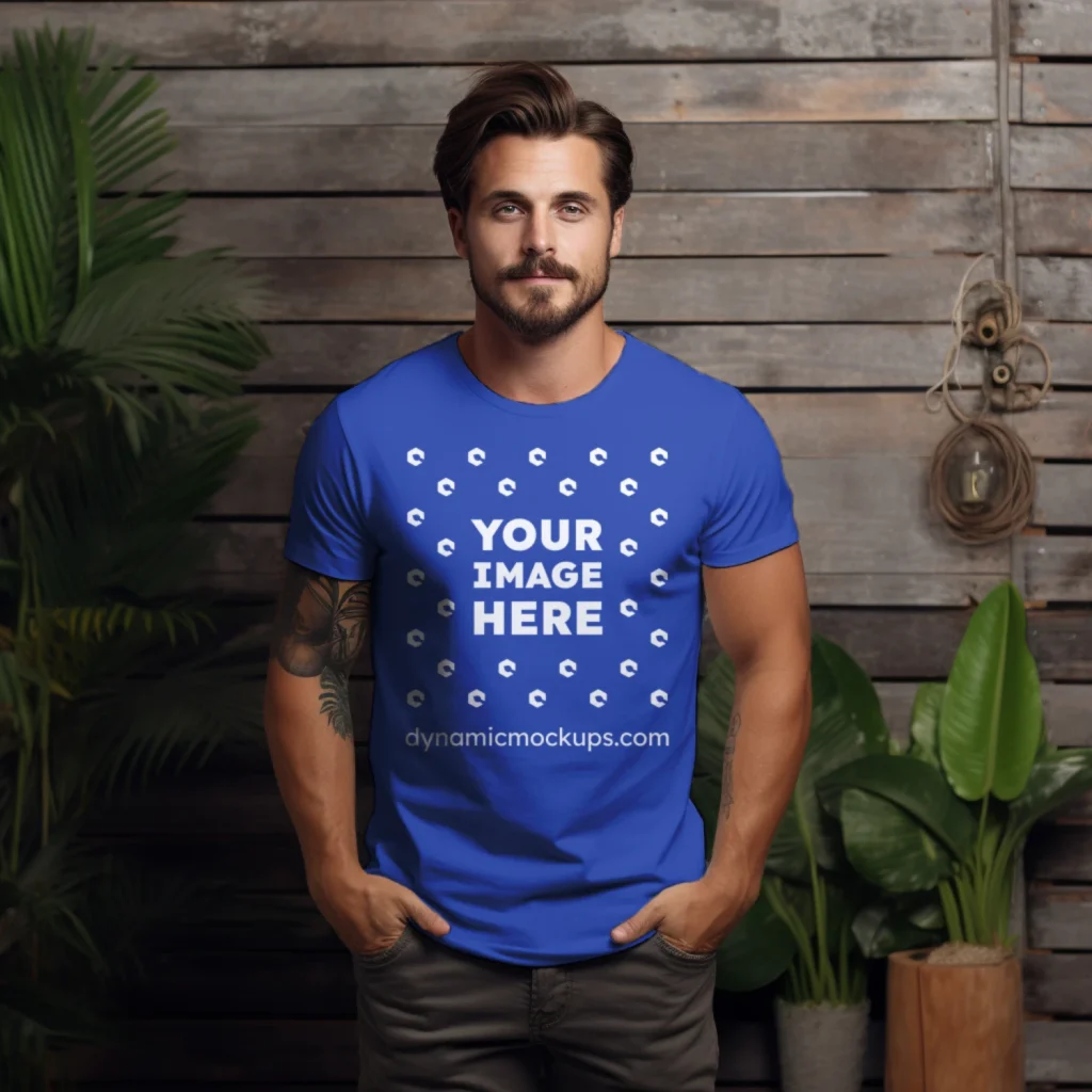 Man Wearing Dark Blue T-shirt Mockup Front View Template