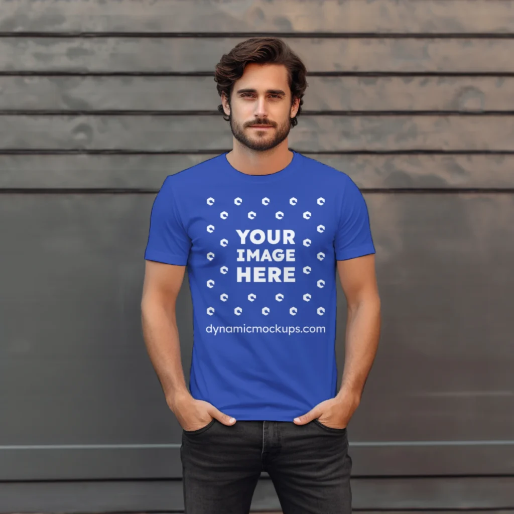 Man Wearing Dark Blue T-shirt Mockup Front View Template