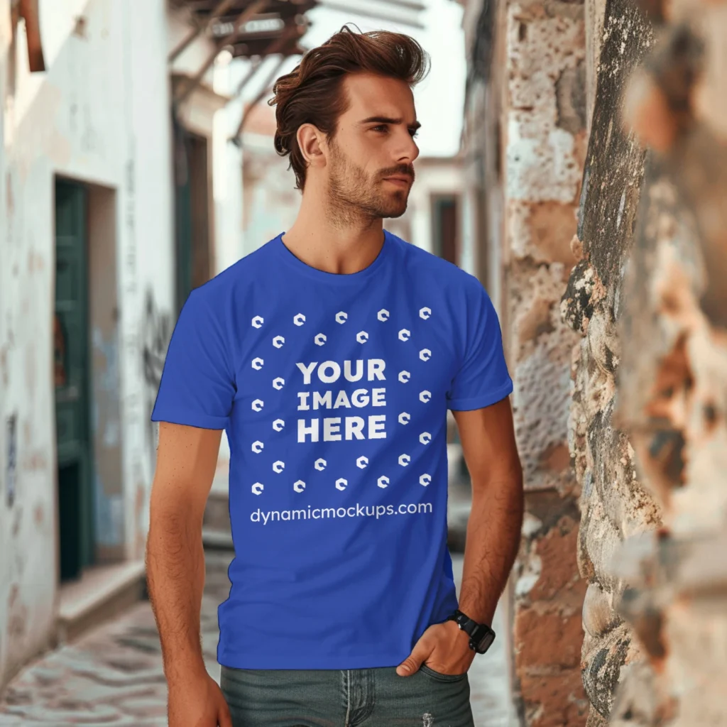 Man Wearing Dark Blue T-shirt Mockup Front View Template