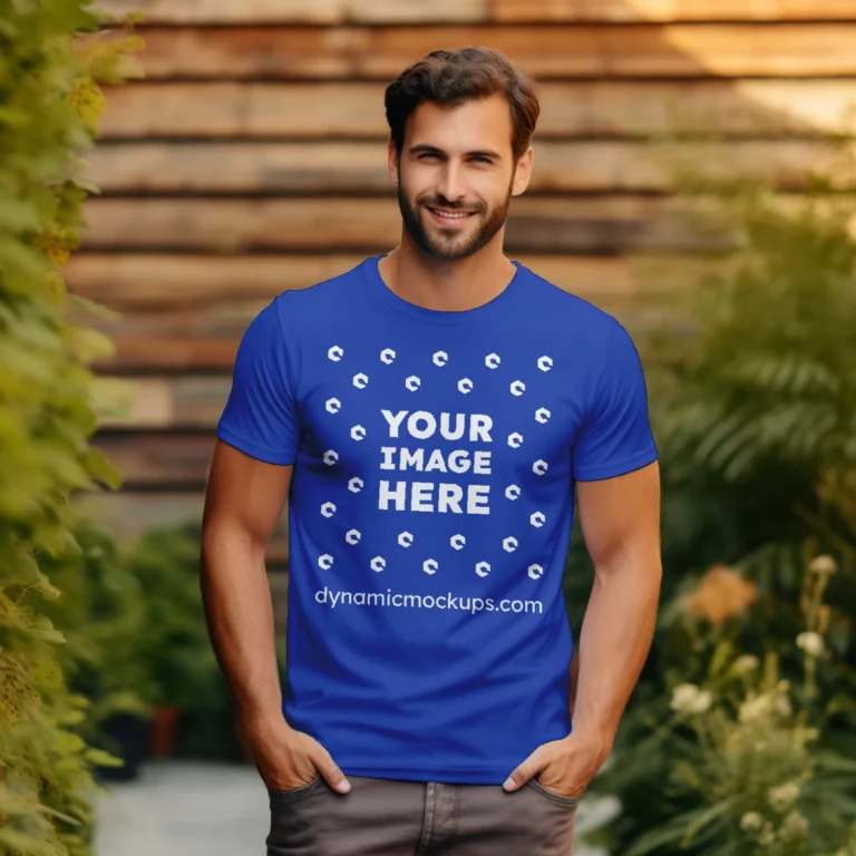 Man Wearing Dark Blue T-shirt Mockup Front View Template