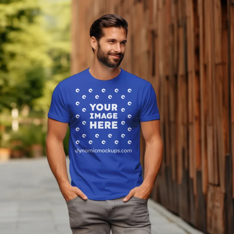 Man Wearing Dark Blue T-shirt Mockup Front View Template