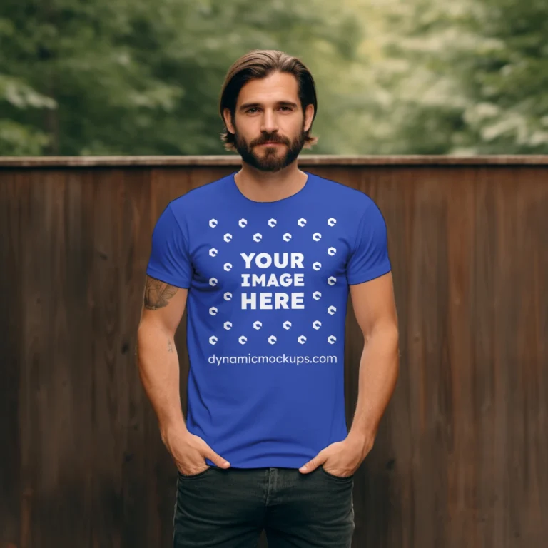 Man Wearing Dark Blue T-shirt Mockup Front View Template