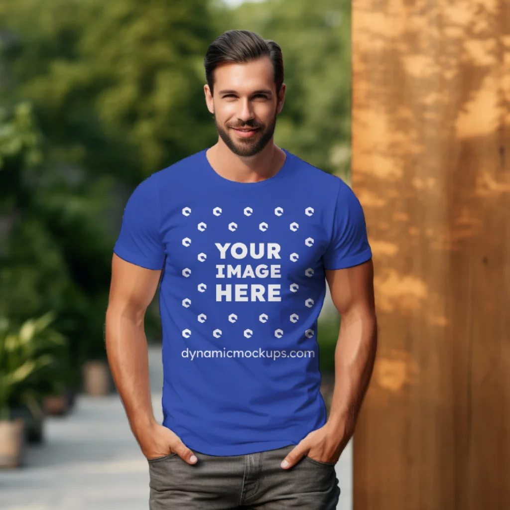 Man Wearing Dark Blue T-shirt Mockup Front View Template