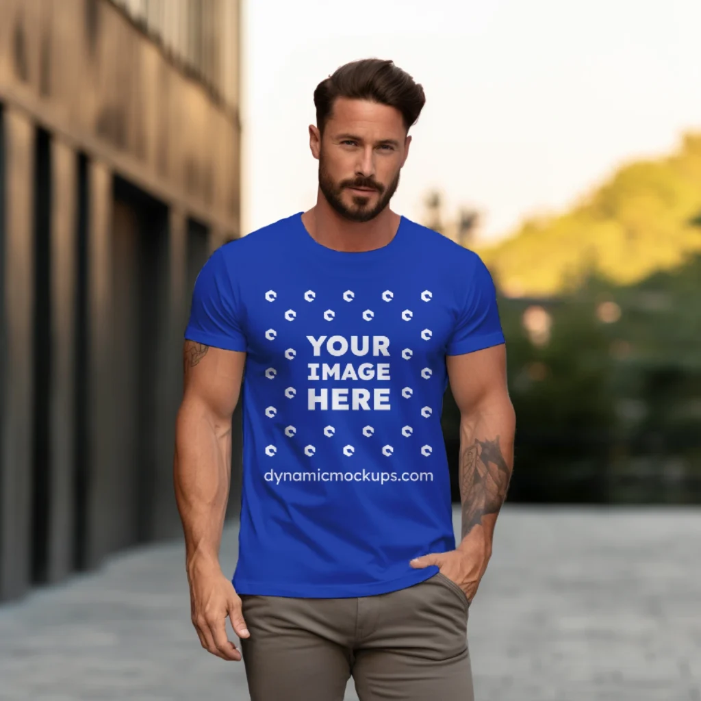 Man Wearing Dark Blue T-shirt Mockup Front View Template