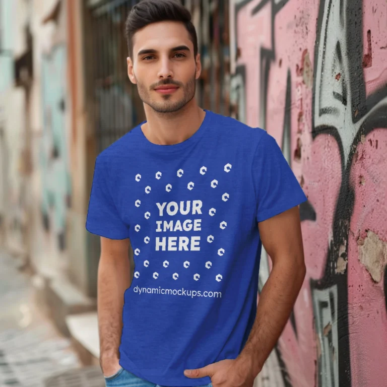 Man Wearing Dark Blue T-shirt Mockup Front View Template