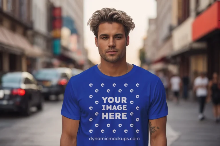 Man Wearing Dark Blue T-shirt Mockup Front View Template