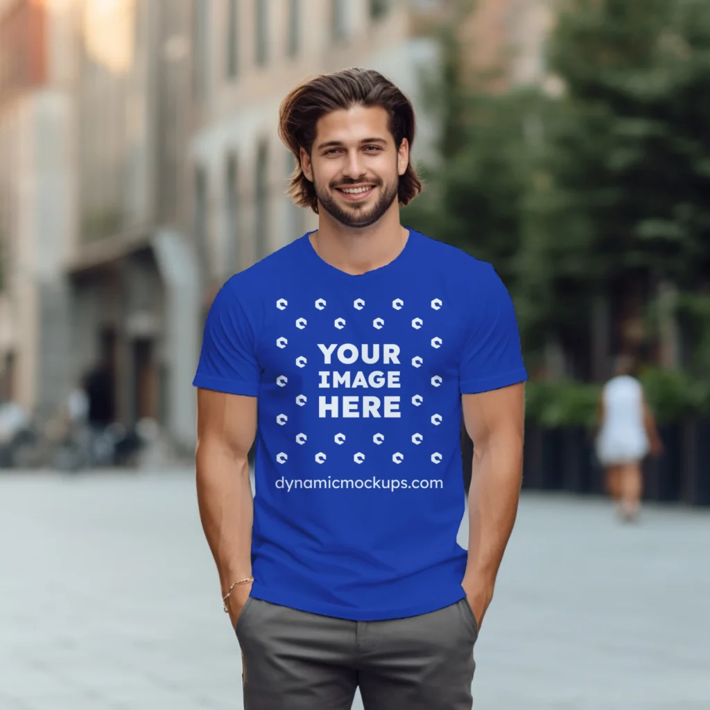 Man Wearing Dark Blue T-shirt Mockup Front View Template