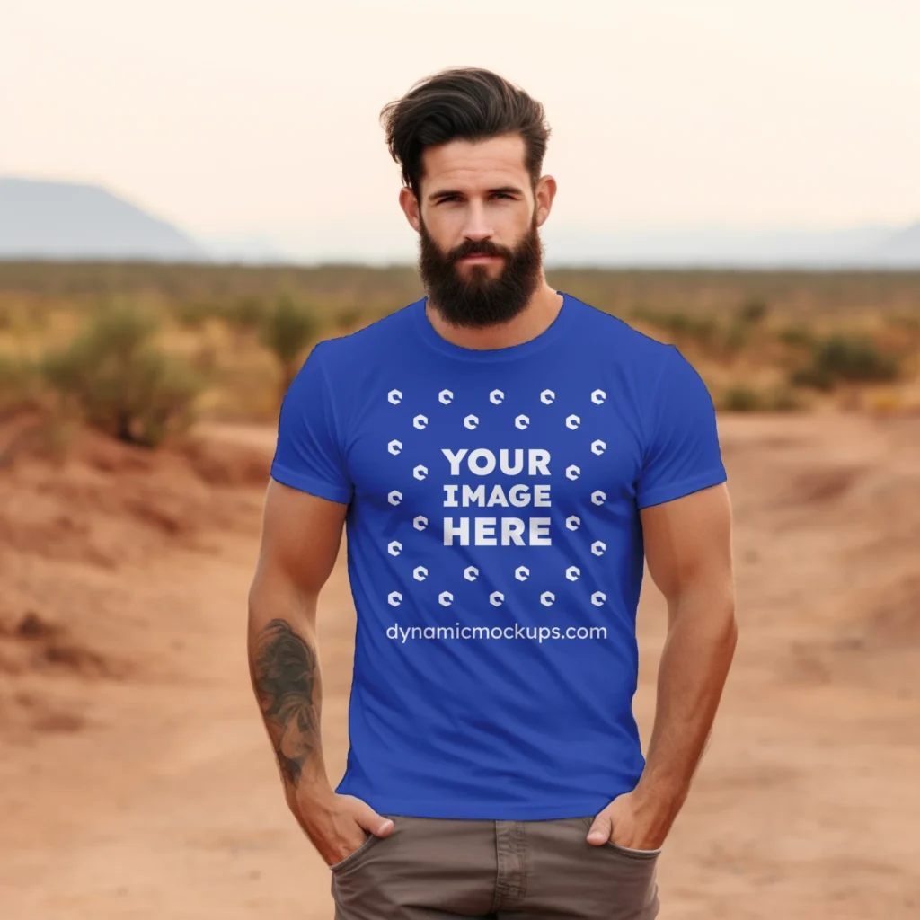 Man Wearing Dark Blue T-shirt Mockup Front View Template