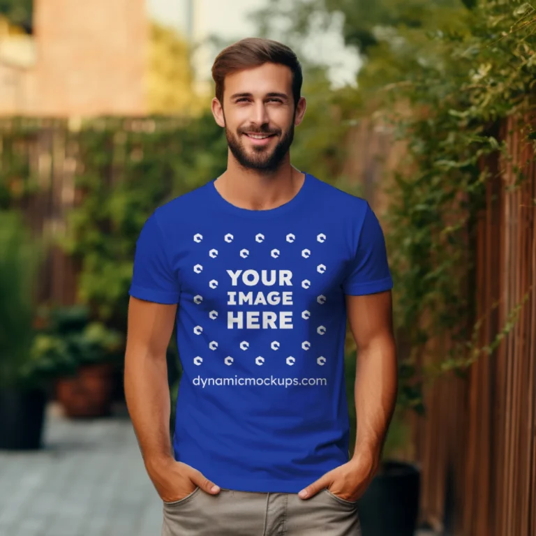 Man Wearing Dark Blue T-shirt Mockup Front View Template