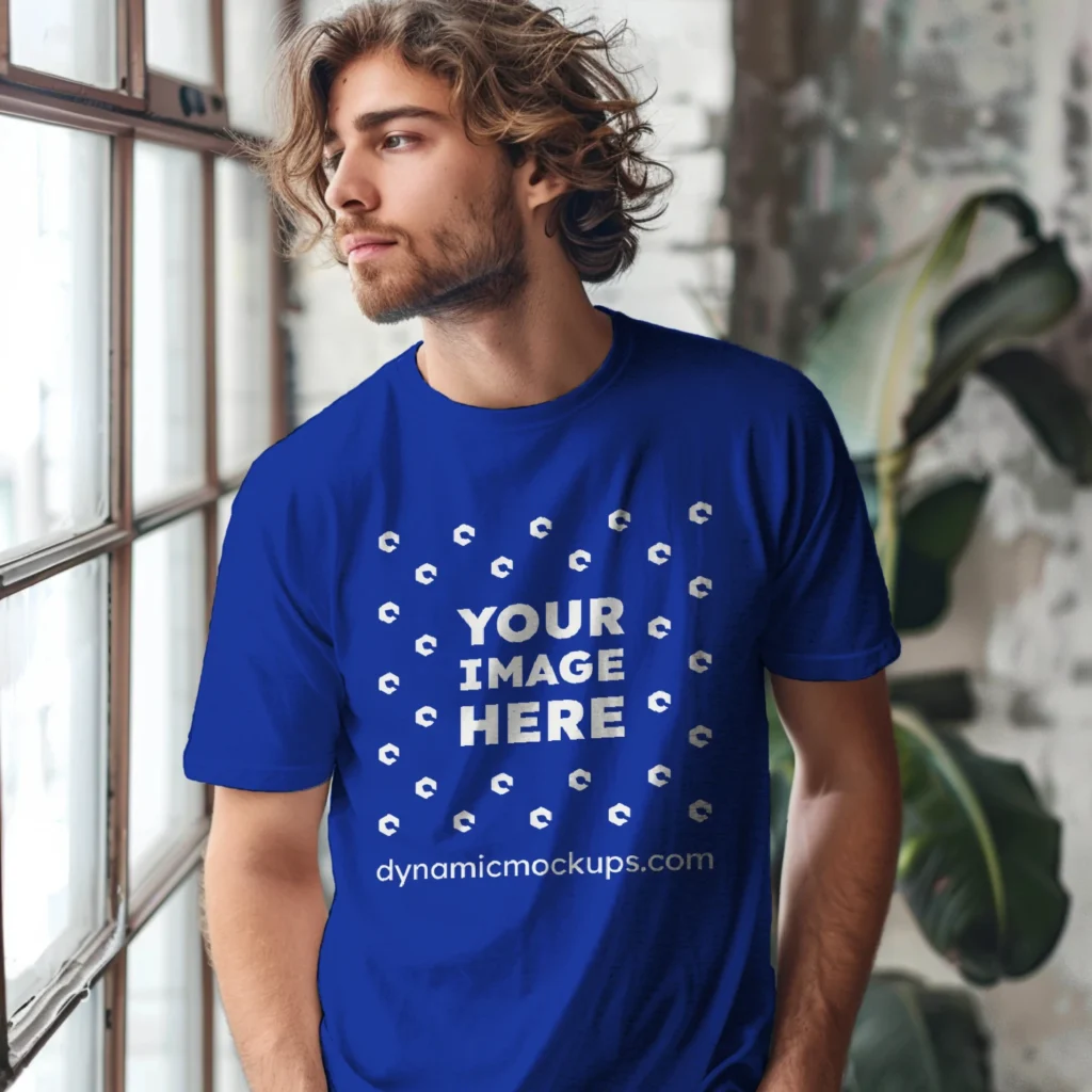 Man Wearing Dark Blue T-shirt Mockup Front View Template