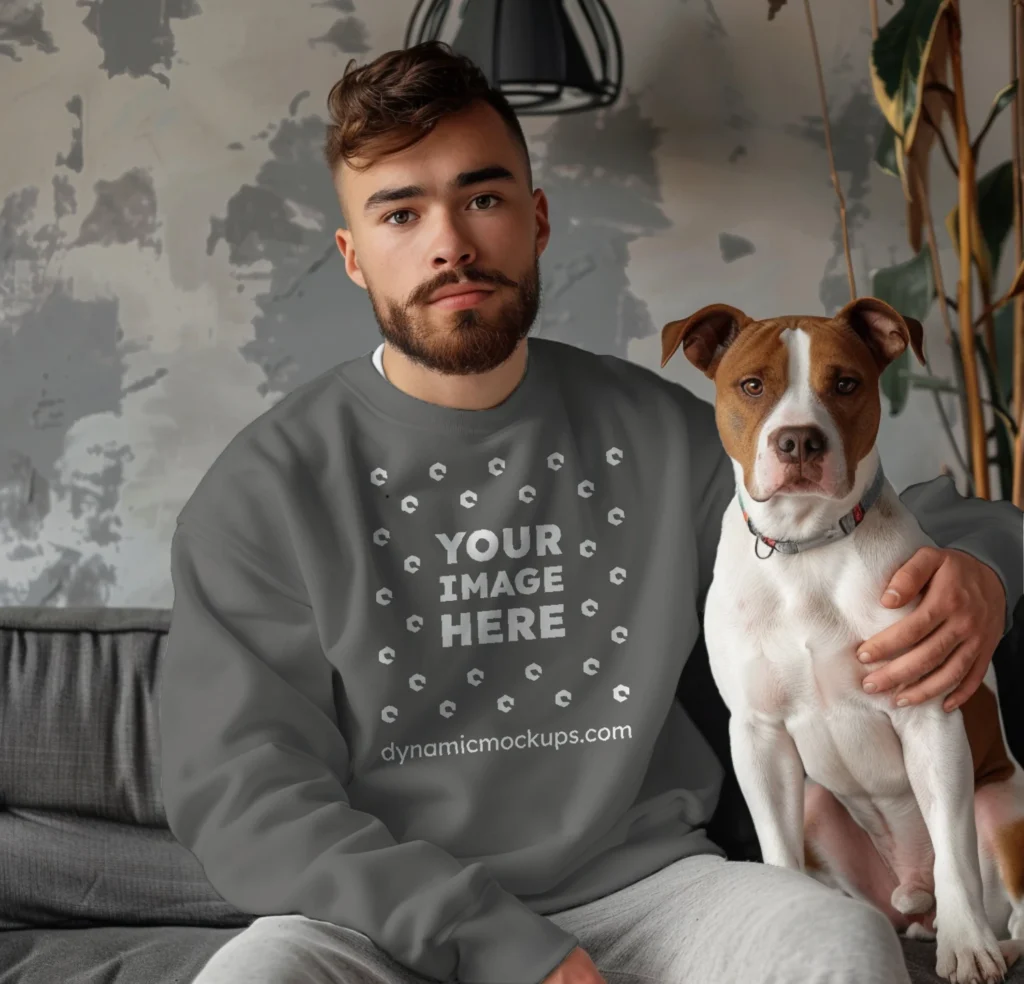 Man Wearing Dark Gray Sweatshirt Mockup Front View Template