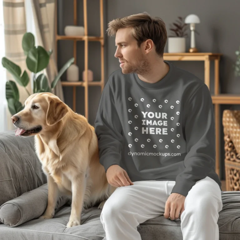 Man Wearing Dark Gray Sweatshirt Mockup Front View Template