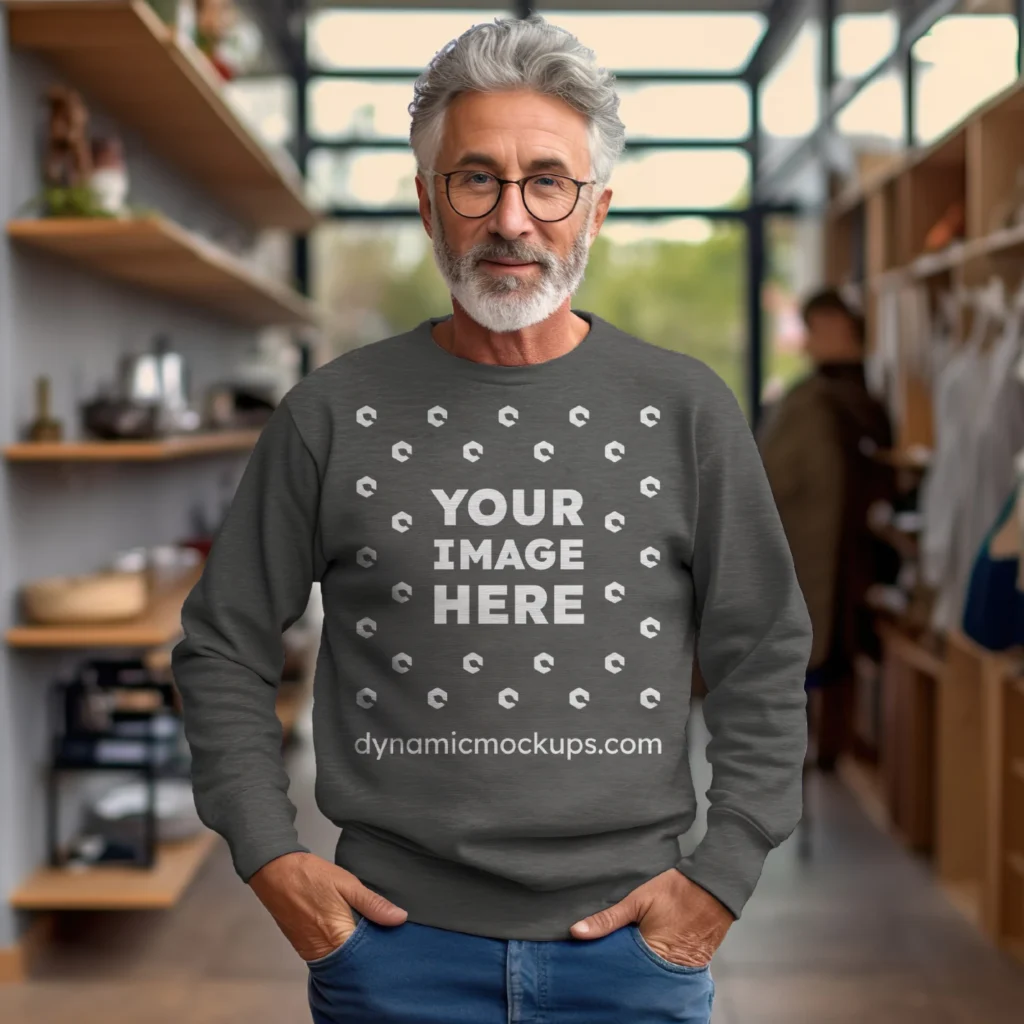 Man Wearing Dark Gray Sweatshirt Mockup Front View Template