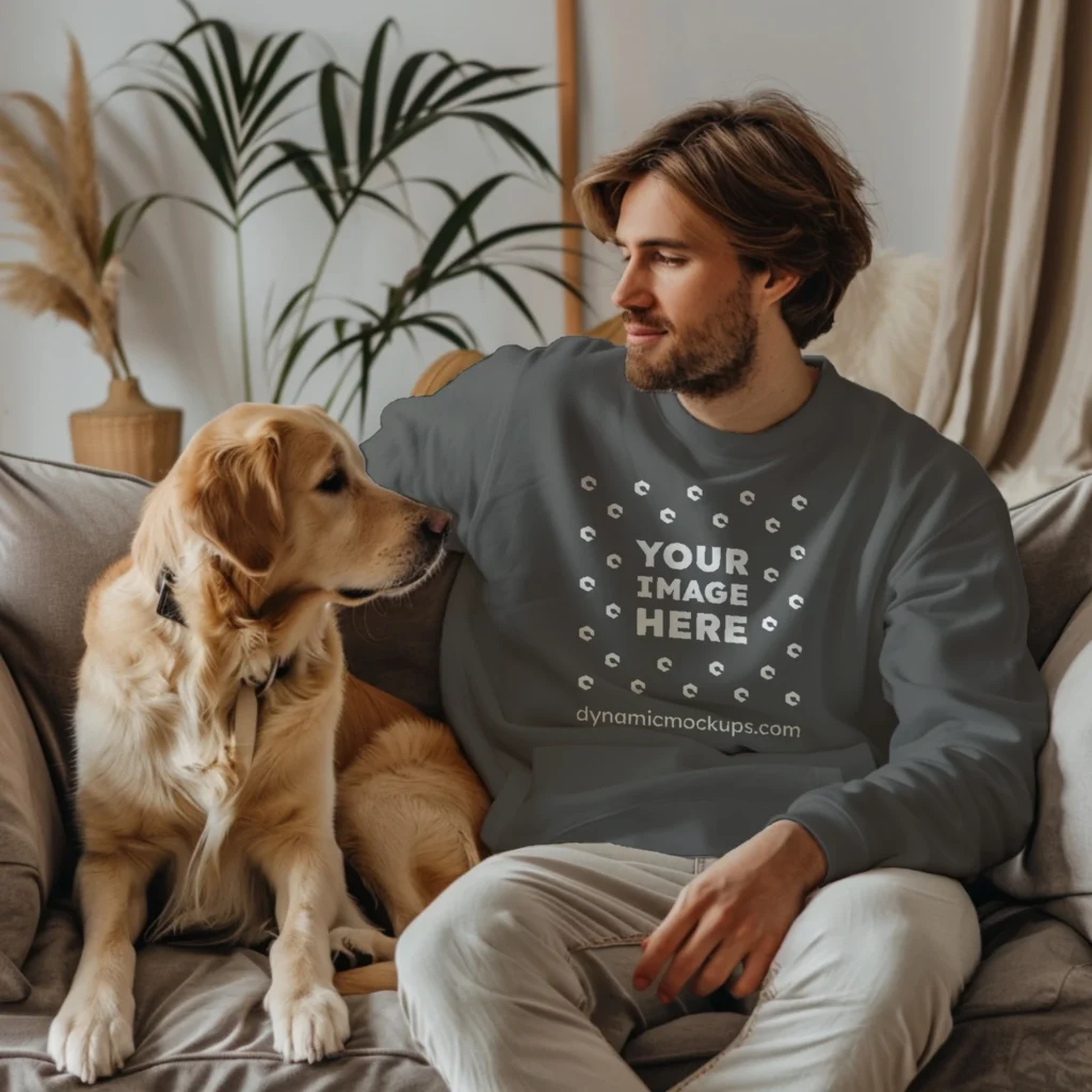 Man Wearing Dark Gray Sweatshirt Mockup Front View Template