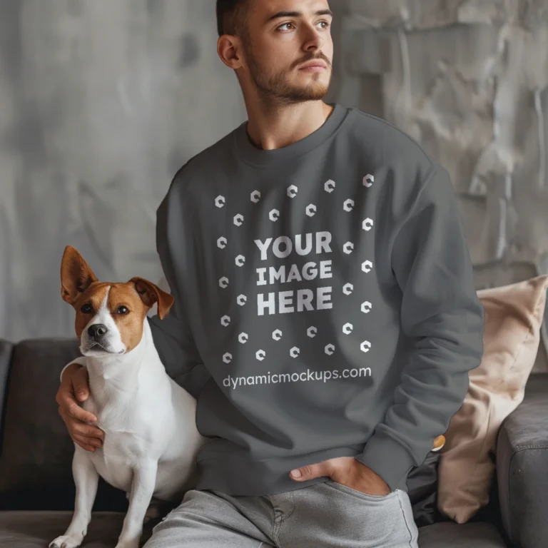 Man Wearing Dark Gray Sweatshirt Mockup Front View Template