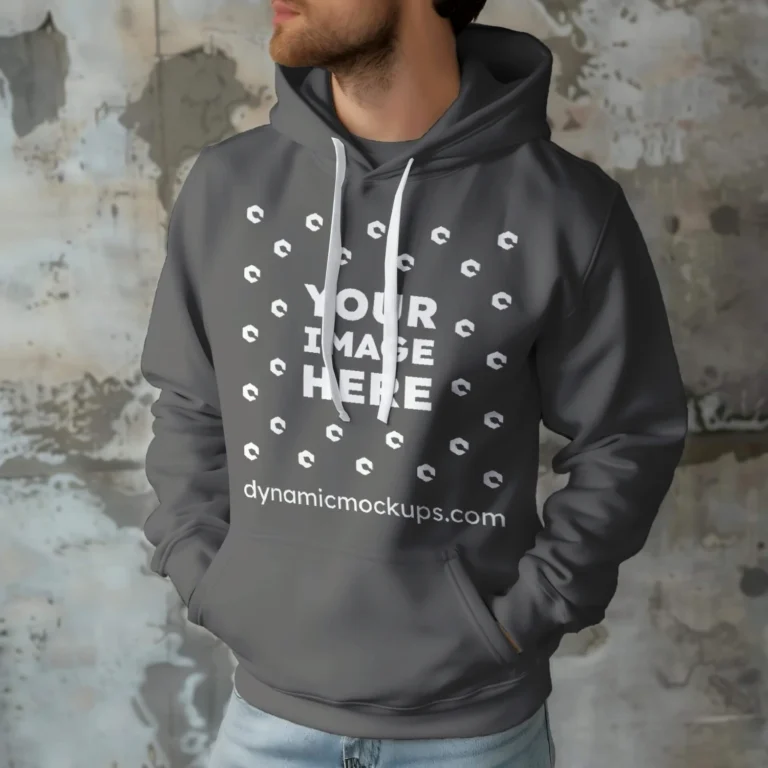 Man Wearing Dark Gray Hoodie Mockup Front View Template