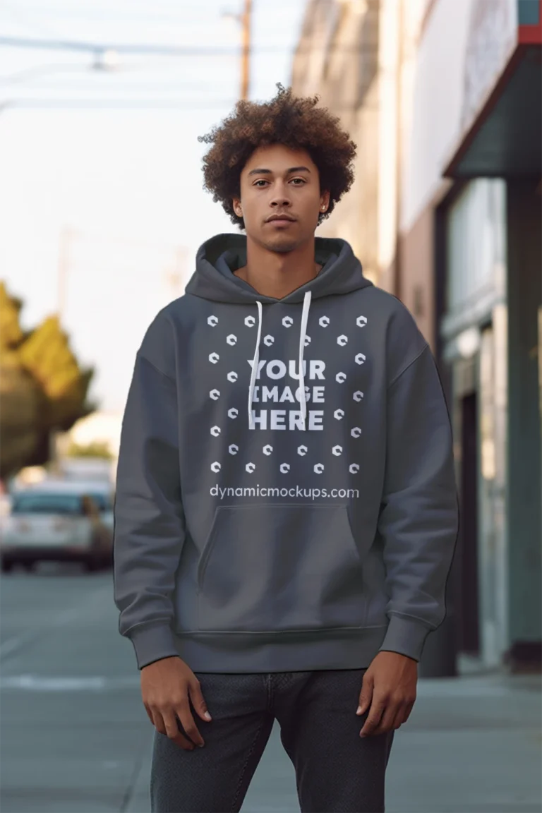 Man Wearing Dark Gray Hoodie Mockup Front View Template