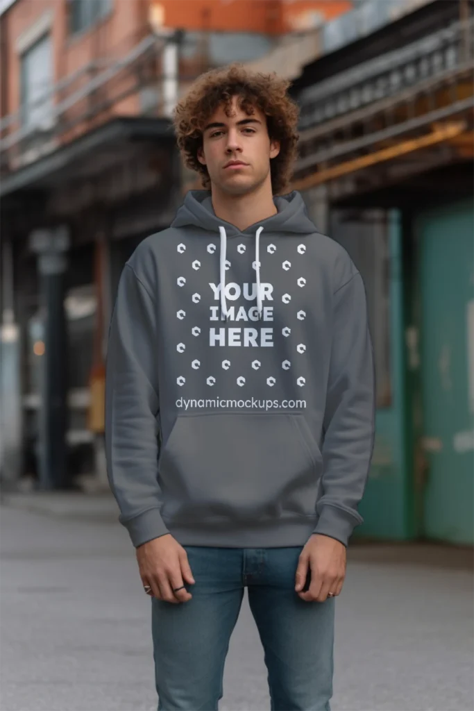 Man Wearing Dark Gray Hoodie Mockup Front View Template