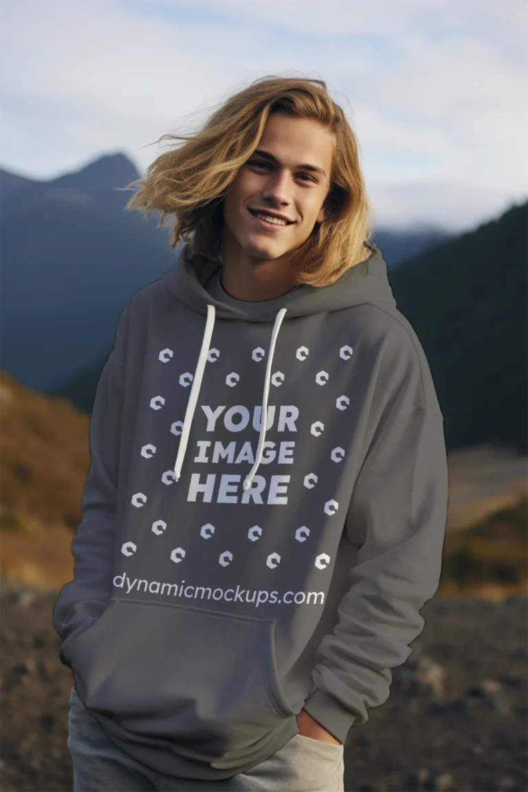 Man Wearing Dark Gray Hoodie Mockup Front View Template