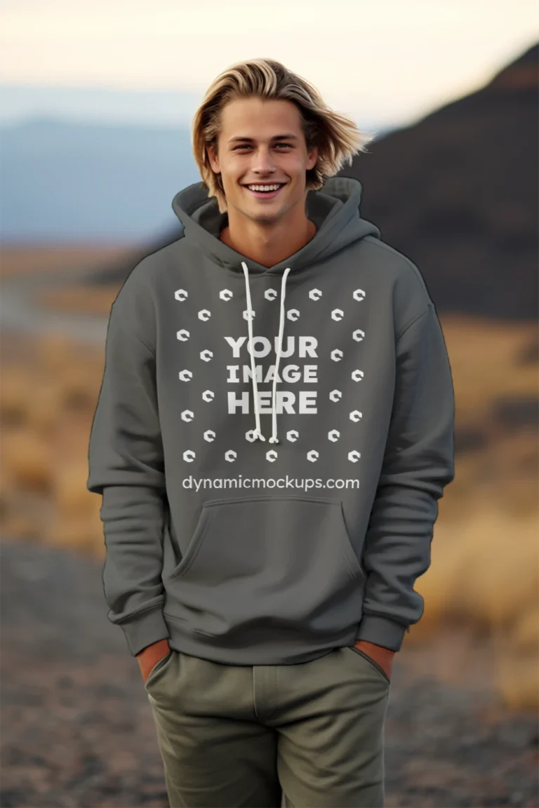 Man Wearing Dark Gray Hoodie Mockup Front View Template