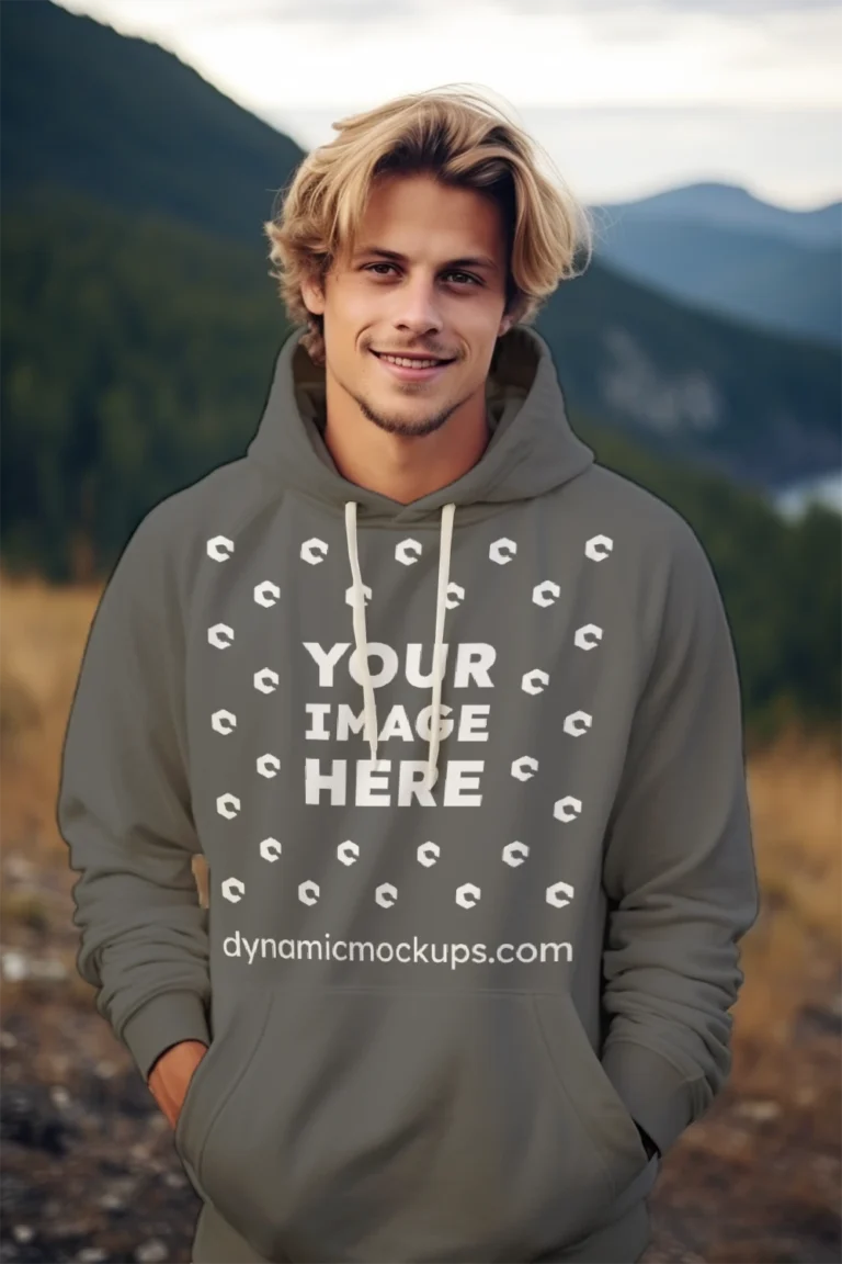 Man Wearing Dark Gray Hoodie Mockup Front View Template