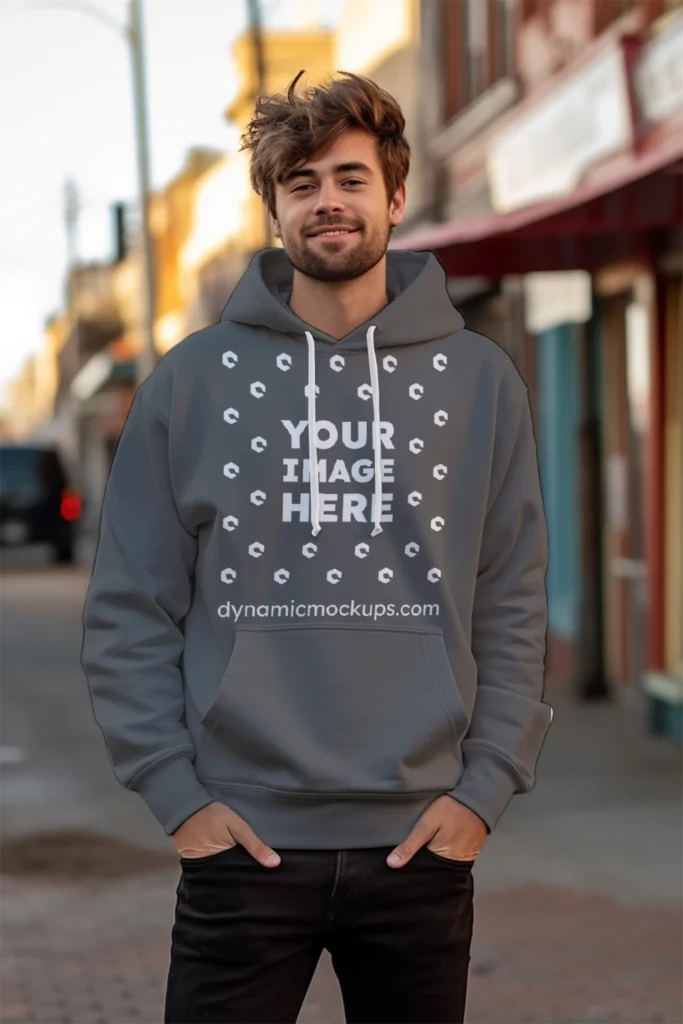 Man Wearing Dark Gray Hoodie Mockup Front View Template