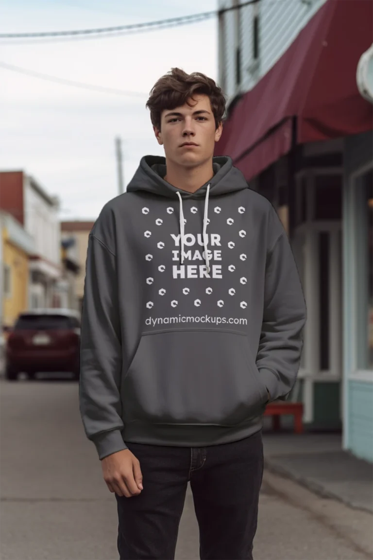 Man Wearing Dark Gray Hoodie Mockup Front View Template