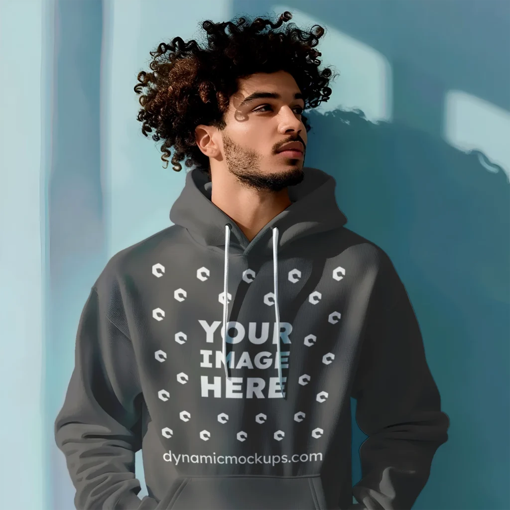 Man Wearing Dark Gray Hoodie Mockup Front View Template