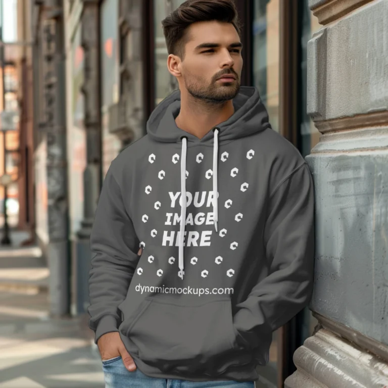 Man Wearing Dark Gray Hoodie Mockup Front View Template